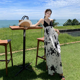 2025 New Chinese ink painting printing v-neck suspender chic dress women's summer seaside vacation style design long dress