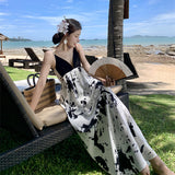 2025 New Chinese ink painting printing v-neck suspender chic dress women's summer seaside vacation style design long dress
