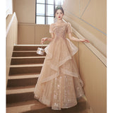 2025 Champagne evening dress women's 2025 new banquet temperament light luxury advanced sense vocal art test adult ceremony tutu skirt