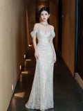2025 One-word shoulder evening dress female banquet host temperament socialite bride toast dress light luxury fishtail dress