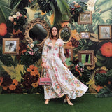 2021 spring and summer New new  romantic floral print deep v-neck long-sleeved pendulum maxi dress