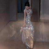 2025 Banquet evening dress  new silver sequined neck fishtail evening dress temperament bridal toast dress engagement dress