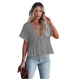 DEANWAQNGKT  Summer New  Cross Border Women's Clothing Pure Color Cotton Loose Short Sleeve Lace-up Ruffled Top for Women