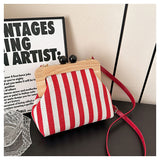 New Women's Bag Striped Canvas Wooden Clip Mouth Clutch Fashion Exquisite Internet Celebrity Same Style One-Shoulder Crossboby Bag