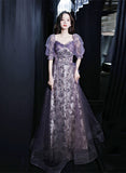 Solvbao Purple A-line Tulle Long Party Dress, Purple Lace Short Sleeves Formal Dress