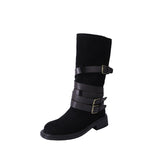 2025  Belt Buckle Medium Boots Women's Velvet Skinny Pile Boots Strap Western Cowboy Boots Brown Knight Boots