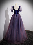 Solvbao Purple Velvet and Tulle Short Sleeves Evening Dress, Purple A-line Formal Dress Prom Dress