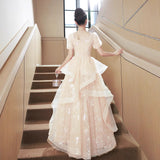 2025 Champagne evening dress women's 2025 new banquet temperament light luxury advanced sense vocal art test adult ceremony tutu skirt