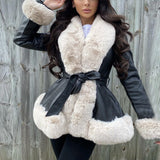 deanwangkt Fashion PU Leather Winter Warm Jackets WomenTie Belt Waist Long Coats Faux Fur Jackets Side Pockets Ladies Elegant Solid Coat