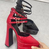 DEANWANGK  European and American Catwalk Buckled Chunky Heel Pointed-Toe Hollowed Patent Leather Sandals Super High Heel Platform High Heel Platform Shoes Catwalk Heel Shoes