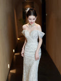 2025 One-word shoulder evening dress female banquet host temperament socialite bride toast dress light luxury fishtail dress