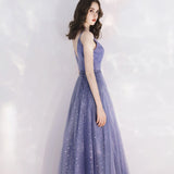 Solvbao Charming Tulle Purple V-neckline Long Formal Dress, Shiny Tulle Low Back Wedding Party Dress