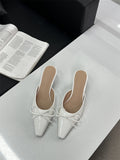 DEANWANGKT  Summer New Bow Mid Heel Stiletto Heel Muller Shoe Tip Half Slippers Women's plus Size High Heel Pumps Sandals