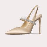 DEANWANGK  32-Size 45 One-Word Strap Closed Toe Sandals Women's Rhinestone  New Stiletto Heel Pointed-Toe Authentic Leather High Heels Women's Shoes