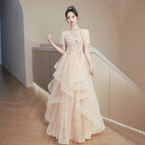 2025 Champagne evening dress women's 2025 new banquet temperament light luxury advanced sense vocal art test adult ceremony tutu skirt