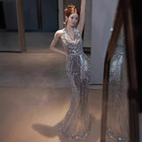 2025 Banquet evening dress  new silver sequined neck fishtail evening dress temperament bridal toast dress engagement dress