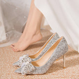 DEANWANGK  New Rhinestone Bow Jewelry Wedding Shoes Bridal Shoes Wedding Dress Temperamental Minority Stiletto Heel High Heels Wholesale