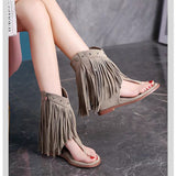 Summer New Fashion Trending Suede Ankle Boots Tassel Flip-Flops Open Toe Side Zipper Height Increasing Insole Roman Sandals