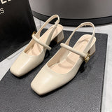 DEANWANGK  Chunky Heel Closed Toe Sandals Women's  New Style Back Empty Buckle High Heel Women's Sandals Square Toe Low-Cut Mary Jane Shoes