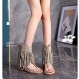 Summer New Fashion Trending Suede Ankle Boots Tassel Flip-Flops Open Toe Side Zipper Height Increasing Insole Roman Sandals