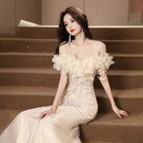 2025 One-word shoulder champagne birthday party evening dress women's light luxury niche 2025 new high-end host dress