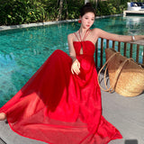 2025 Spice girl red backless suspender dress, Thailand Sanya seaside vacation beach dress lace-up waist long dress women's summer