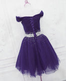 Solvbao Purple Tulle Beaded Cute Off Shoulder Short Prom Dress, Purple Homecoming Dress Party Dress