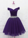 Solvbao Purple Tulle Beaded Cute Off Shoulder Short Prom Dress, Purple Homecoming Dress Party Dress