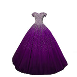 Solvbao Purple Sequins Off Shoulder Ball Gown Sweet 16 Gown, Lace-up Tulle Purple Formal Dresses