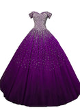 Solvbao Purple Sequins Off Shoulder Ball Gown Sweet 16 Gown, Lace-up Tulle Purple Formal Dresses