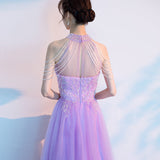 Solvbao Purple Tulle Beaded Floor Length A-line Prom Dress, Long Evening Dress Party Dress