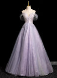 Solvbao Light Purple Off Shoulder Tulle Long Party Dress, A-line Light Purple Prom Dress