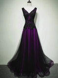 Solvbao A-line Black and Purple Tulle V-neckline Beaded Prom Dress, Black Tulle Formal Dress