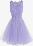 Solvbao Cute Round Neck Lace Short Purple Prom Dresses, Purple Homecoming Dresses