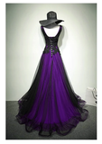 Solvbao A-line Black and Purple Tulle V-neckline Beaded Prom Dress, Black Tulle Formal Dress