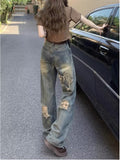 deanwangkt Perforated Jeans, Summer Loose Straight Leg Wide Leg Pants, Niche Stitching, Old Beggar Pants, Women's Jeans