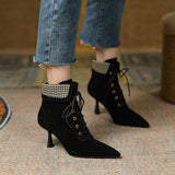 deanwangkt Autumn Boots   NEW Fall Shoes Women Pointed Toe High Heel Shoes Sheep Suede Thin Heel Shoes Plaid Ankle Boots Women Mature Lace-up Modern Boots