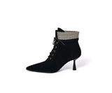 deanwangkt Autumn Boots   NEW Fall Shoes Women Pointed Toe High Heel Shoes Sheep Suede Thin Heel Shoes Plaid Ankle Boots Women Mature Lace-up Modern Boots