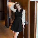 deanwangkt Korean Black Patchwork Short Dresses Women  Autumn New Fashion Slim Office Lady Notched Collar Long Sleeves Female Clothing