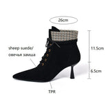 deanwangkt Autumn Boots   NEW Fall Shoes Women Pointed Toe High Heel Shoes Sheep Suede Thin Heel Shoes Plaid Ankle Boots Women Mature Lace-up Modern Boots