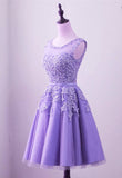 Solvbao Purple Short Tulle Beaded Round Neckline Knee Length Party Dress, Junior Prom Dress