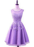 Solvbao Purple Short Tulle Beaded Round Neckline Knee Length Party Dress, Junior Prom Dress