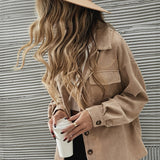 Solid Corduroy Button Down Jacket, Casual Long Sleeve Lapel Jacket, Women's Clothing