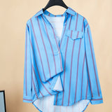 Striped Print Button Front Shirt, Casual Long Sleeve Hem Arc Collar Shirt, Women's Clothing