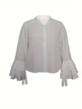 Plus Size Elegant Blouse, Women's Plus Solid Button Up Layered Sleeve Turn Down Collar Blouse