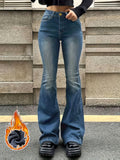 deanwangkt Fleece Liner Casual Flare Jeans, High Stretch Slant Pockets Casual Bell Bottom Jeans, Women's Denim Jeans & Clothing