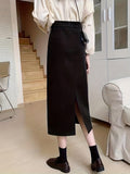 Solid High Waist Split Back Skirt, Vintage A Line Midi Skirt For Spring & Fall, Women's Clothing