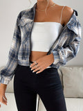 Zip Front Plaid Lapel Jacket, Casual Flap Pockets Long Sleeve Jacket For Fall & Winter, Women's Clothing