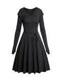 Thumb Hole Long Sleeve Dress, V Neck Lapel Tied Flare Dress, Women's Clothing