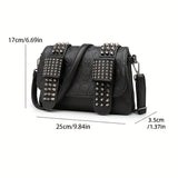 Rivet Skull Decor Metal Chain Crossbody Bag, PU Leather Textured Bag Purse, Cool Girl Punk Fashion Shoulder Bag